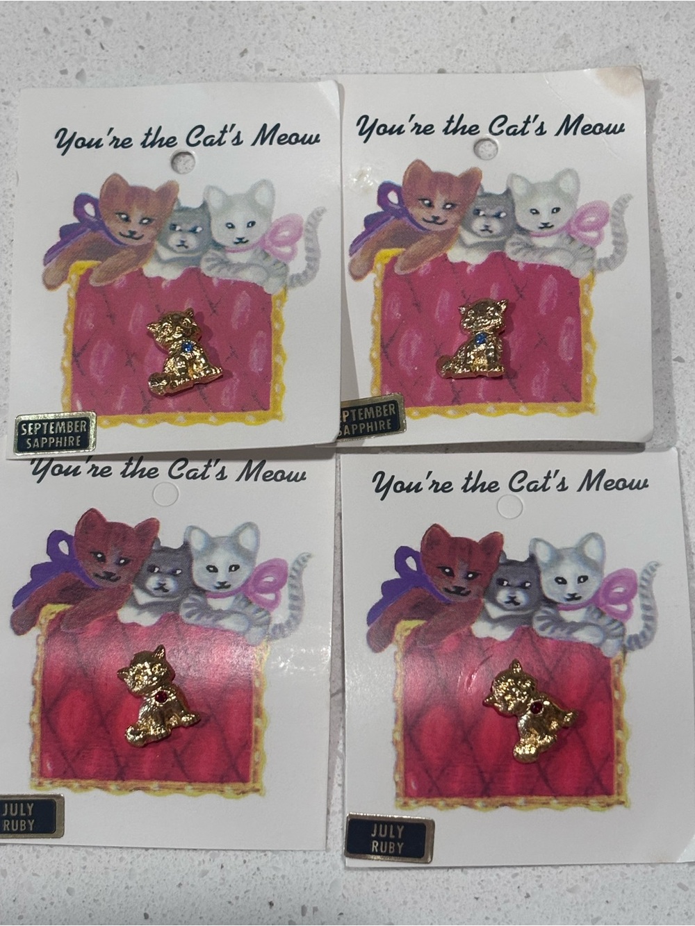 You're the cat's meow pin. With birthstone July or September. Set of 2